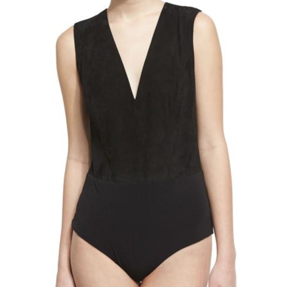 ALICE + OLIVIA Wanda Black Genuine Suede bodysuit - Picture 1 of 4